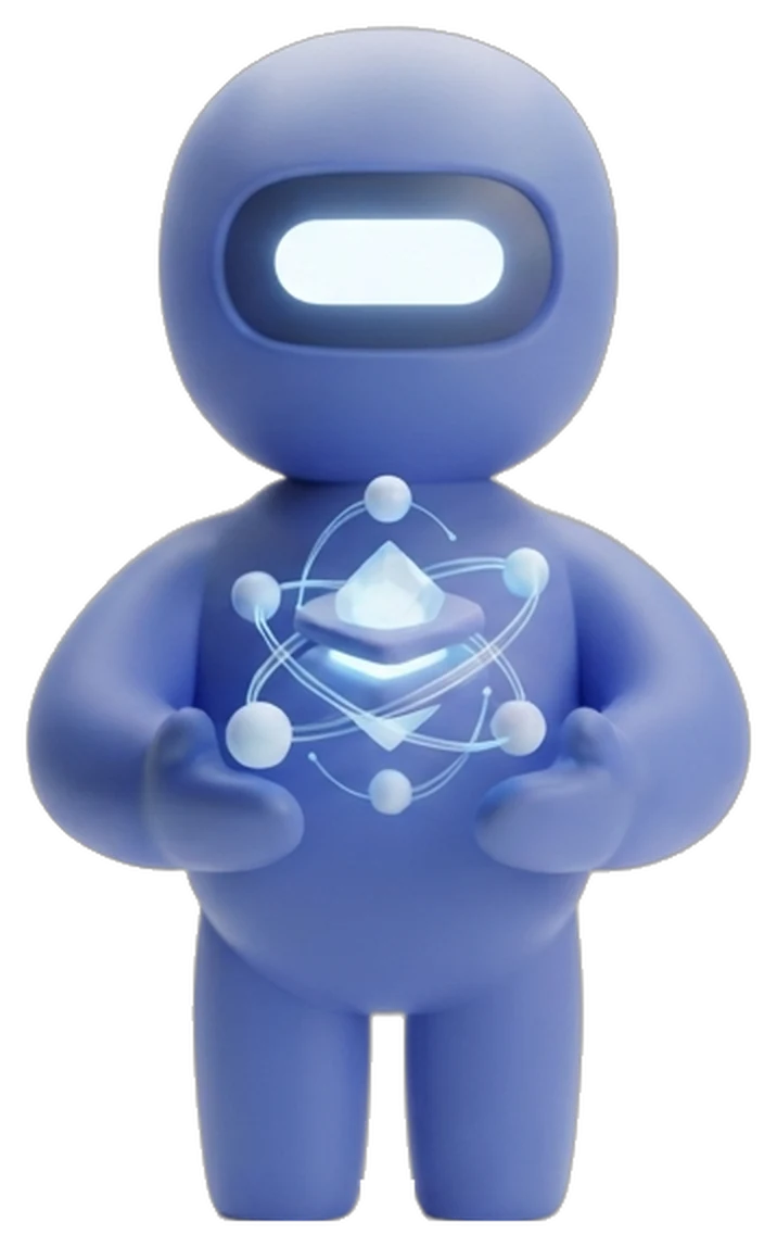 The Cloud Architect, a rounded cobalt blue robot holding a floating data cube